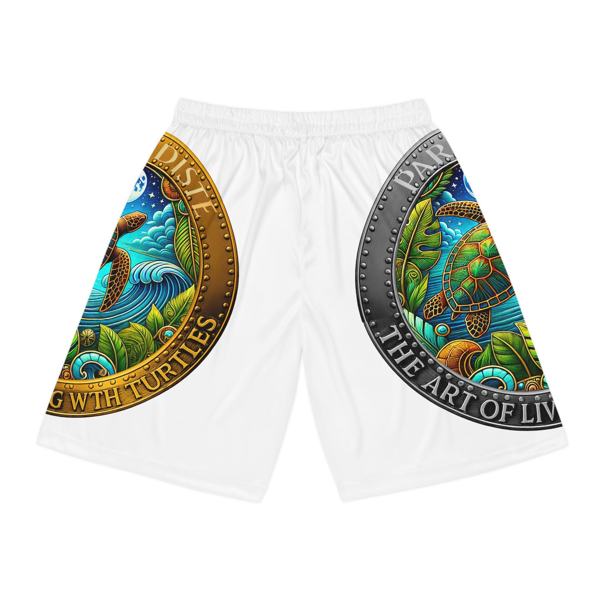 Team Paradise Living with Turtle Graphic Basketball Shorts, Beach Wear, Activewear, Tropical Vibes, Gift for Athletes - Image 2
