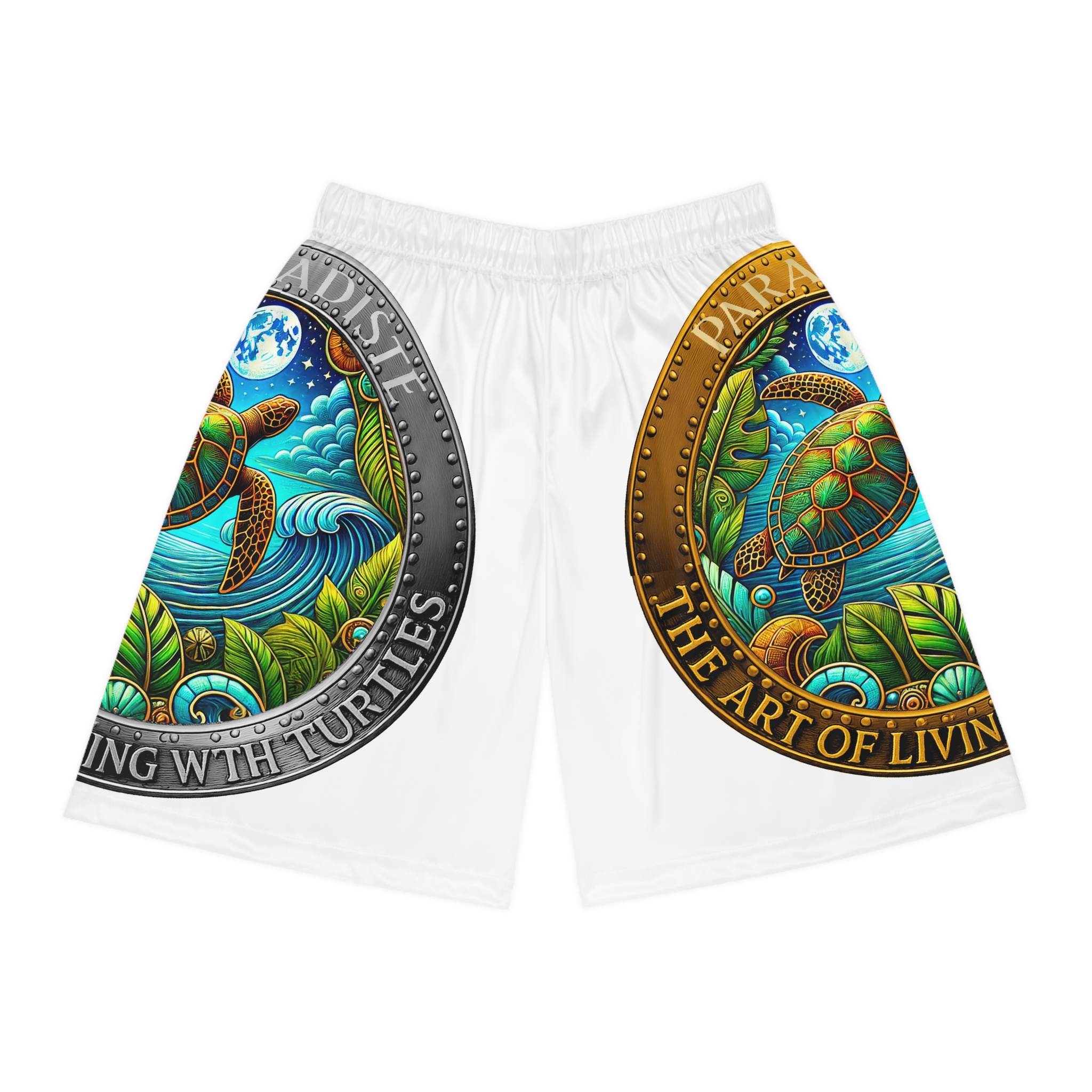 Team Paradise Living with Turtle Graphic Basketball Shorts, Beach Wear, Activewear, Tropical Vibes, Gift for Athletes